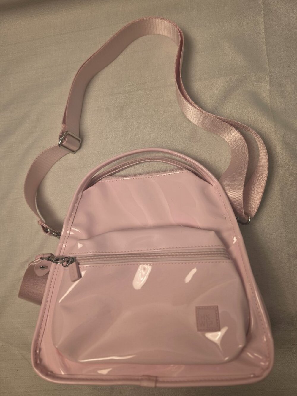 IHKWIP Light Pink Vinyl Crossbody Bag with Front and Back Zipper Pouch